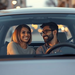 A cozy lofi scene depicting a modern car parked, viewed from the outside