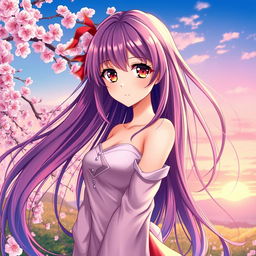 A beautiful anime woman with long, flowing hair and vibrant colors, wearing an elegant dress