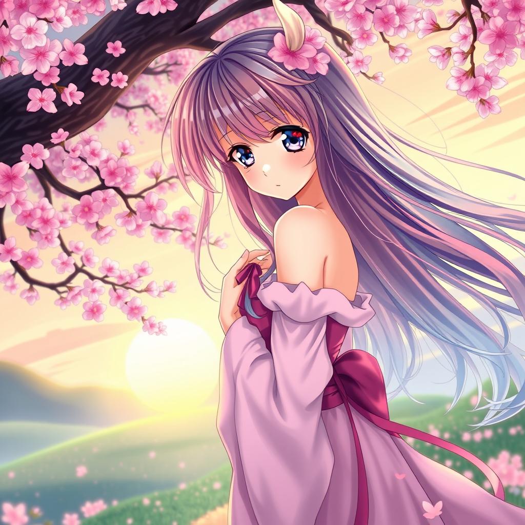 A beautiful anime woman with long, flowing hair and vibrant colors, wearing an elegant dress