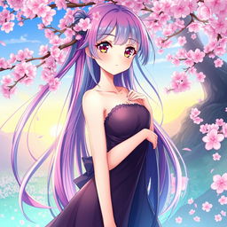 A beautiful anime woman with long, flowing hair and vibrant colors, wearing an elegant dress