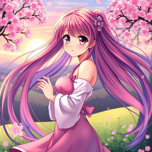 A beautiful anime woman with long, flowing hair and vibrant colors, wearing an elegant dress