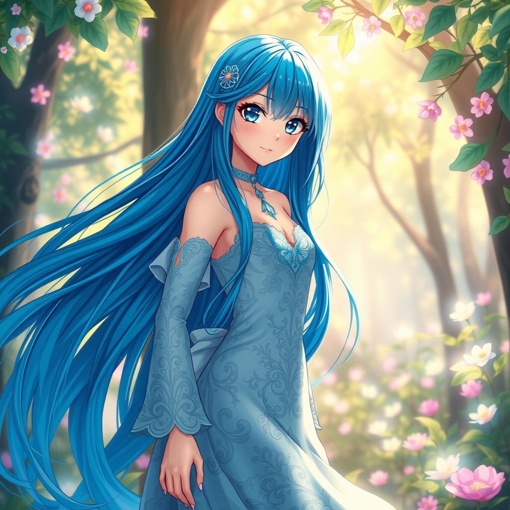 A stunning anime woman with long flowing hair in vibrant shades of blue, wearing a beautiful flowing dress adorned with intricate patterns