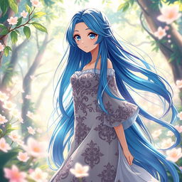 A stunning anime woman with long flowing hair in vibrant shades of blue, wearing a beautiful flowing dress adorned with intricate patterns