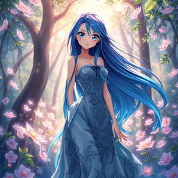 A stunning anime woman with long flowing hair in vibrant shades of blue, wearing a beautiful flowing dress adorned with intricate patterns