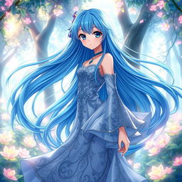 A stunning anime woman with long flowing hair in vibrant shades of blue, wearing a beautiful flowing dress adorned with intricate patterns