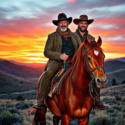 Arthur Morgan sitting on Dutch Van der Linde's shoulders, both on a majestic horse in a rugged Wild West landscape
