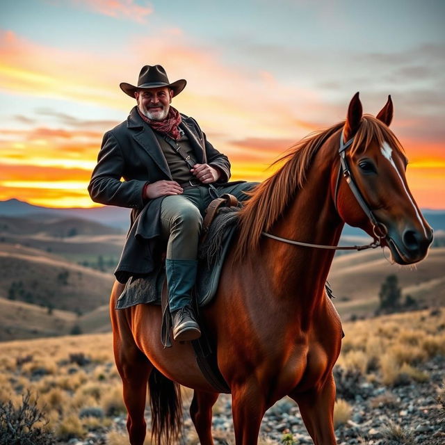 Arthur Morgan sitting on Dutch Van der Linde's shoulders, both on a majestic horse in a rugged Wild West landscape