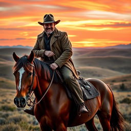 Arthur Morgan sitting on Dutch Van der Linde's shoulders, both on a majestic horse in a rugged Wild West landscape