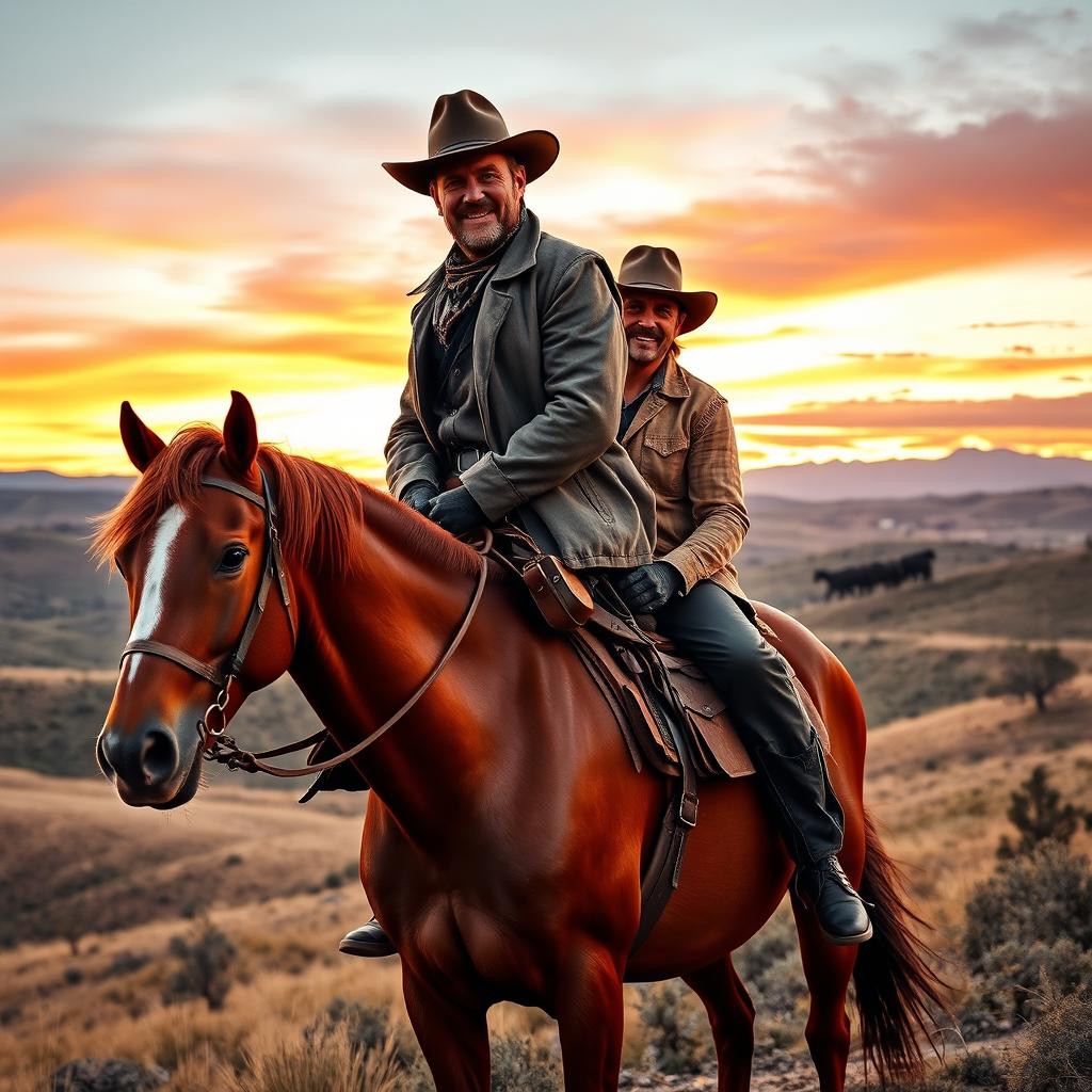 Arthur Morgan sitting on Dutch Van der Linde's shoulders, both on a majestic horse in a rugged Wild West landscape