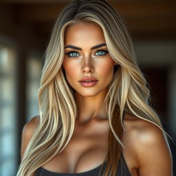 A hyper-realistic portrait of a beautiful woman with long blonde hair cascading down her shoulders, striking green eyes that sparkle with vibrance, and a well-defined, athletic body that radiates confidence