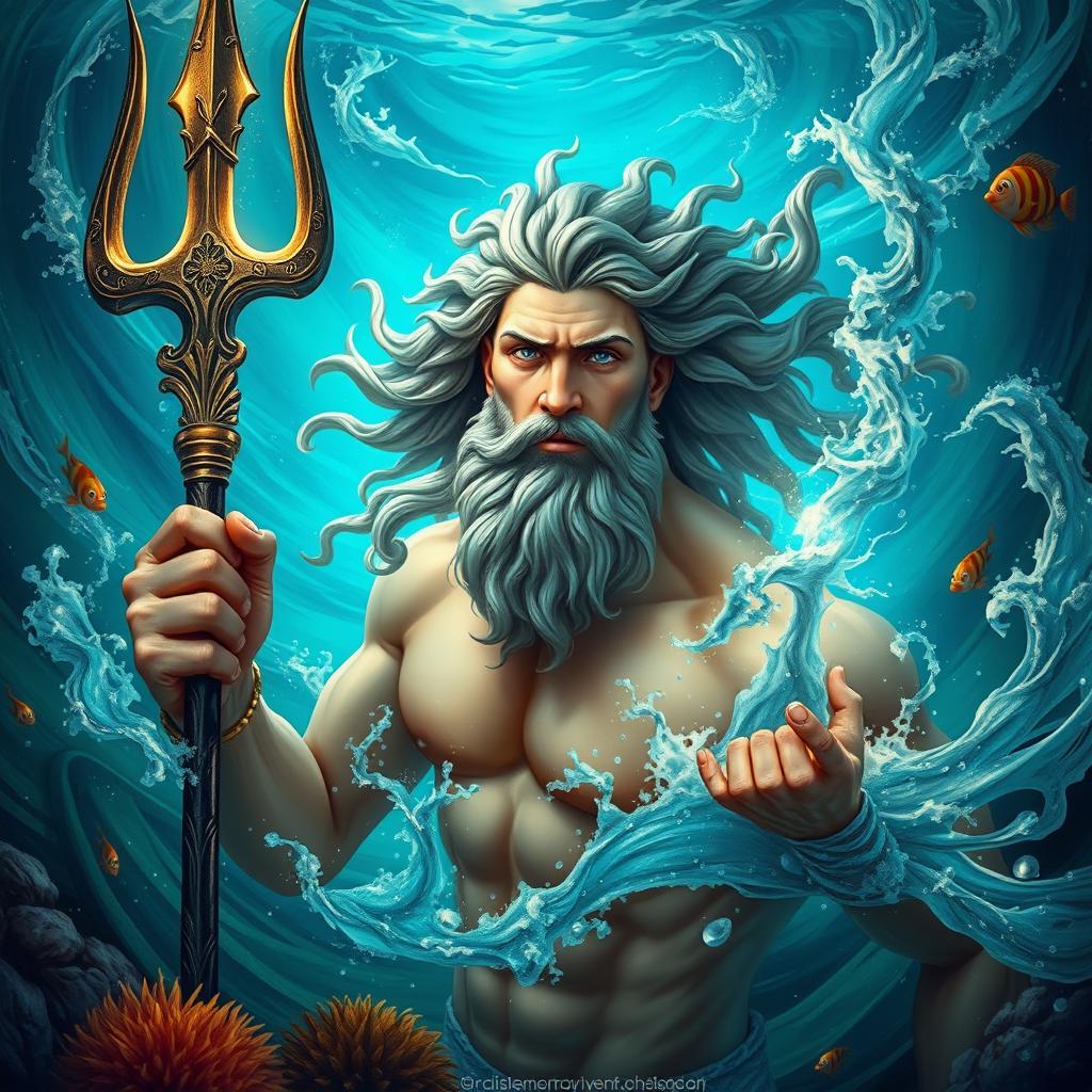 Poseidon, the Greek god of the sea, depicted in a majestic and enchanting underwater scene