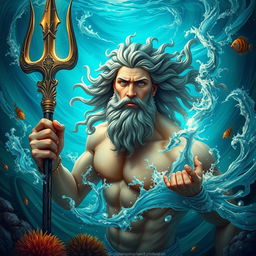 Poseidon, the Greek god of the sea, depicted in a majestic and enchanting underwater scene