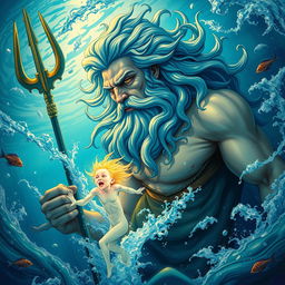 Poseidon, the Greek god of the sea, depicted in a majestic and enchanting underwater scene