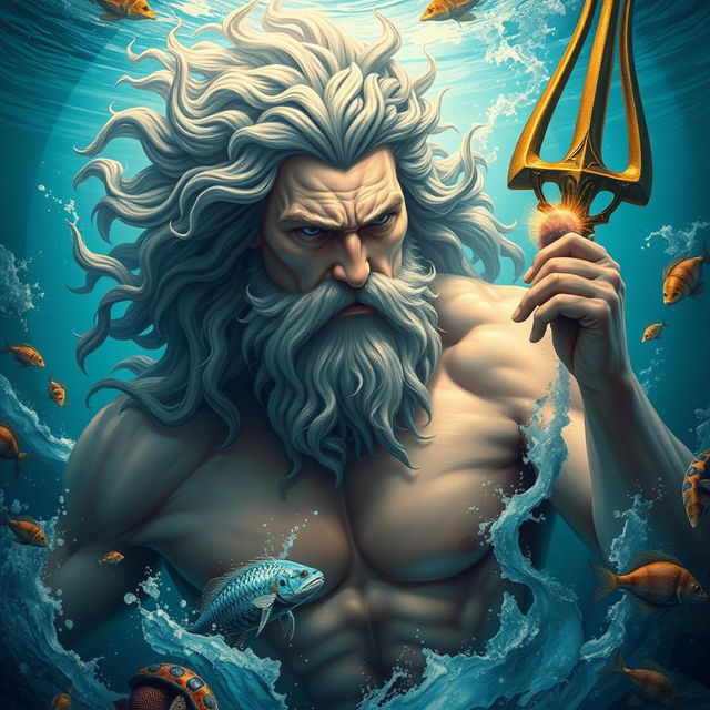 Poseidon, the Greek god of the sea, depicted in a majestic and enchanting underwater scene