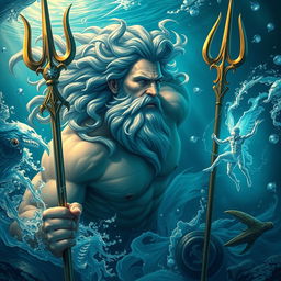 Poseidon, the Greek god of the sea, depicted in a majestic and enchanting underwater scene