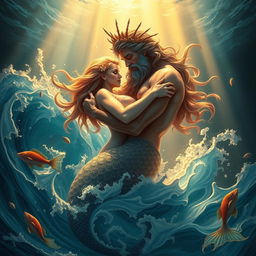 A powerful and majestic depiction of Poseidon, the Greek god of the sea, engaged in a passionate embrace with a beautiful sea nymph