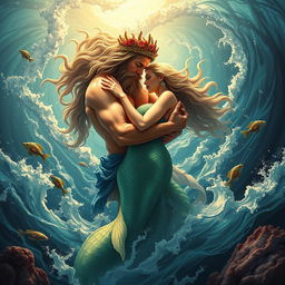A powerful and majestic depiction of Poseidon, the Greek god of the sea, engaged in a passionate embrace with a beautiful sea nymph