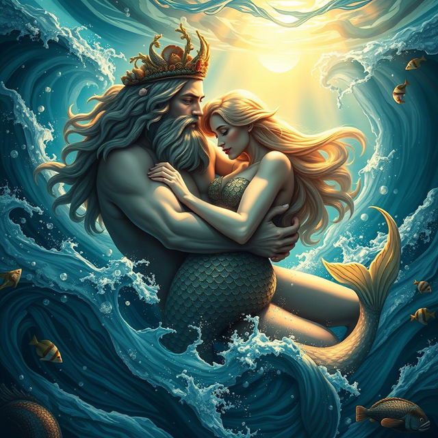 A powerful and majestic depiction of Poseidon, the Greek god of the sea, engaged in a passionate embrace with a beautiful sea nymph