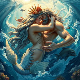 A powerful and majestic depiction of Poseidon, the Greek god of the sea, engaged in a passionate embrace with a beautiful sea nymph