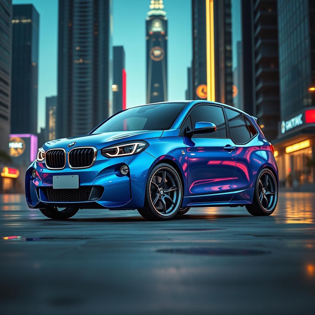 A unique automotive design featuring a Multipla-inspired BMW, merging the iconic sharp lines and aggressive body style of BMW with the rounded, retro aesthetic of the Multipla
