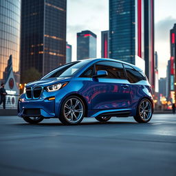 A unique automotive design featuring a Multipla-inspired BMW, merging the iconic sharp lines and aggressive body style of BMW with the rounded, retro aesthetic of the Multipla