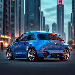 A unique automotive design featuring a Multipla-inspired BMW, merging the iconic sharp lines and aggressive body style of BMW with the rounded, retro aesthetic of the Multipla