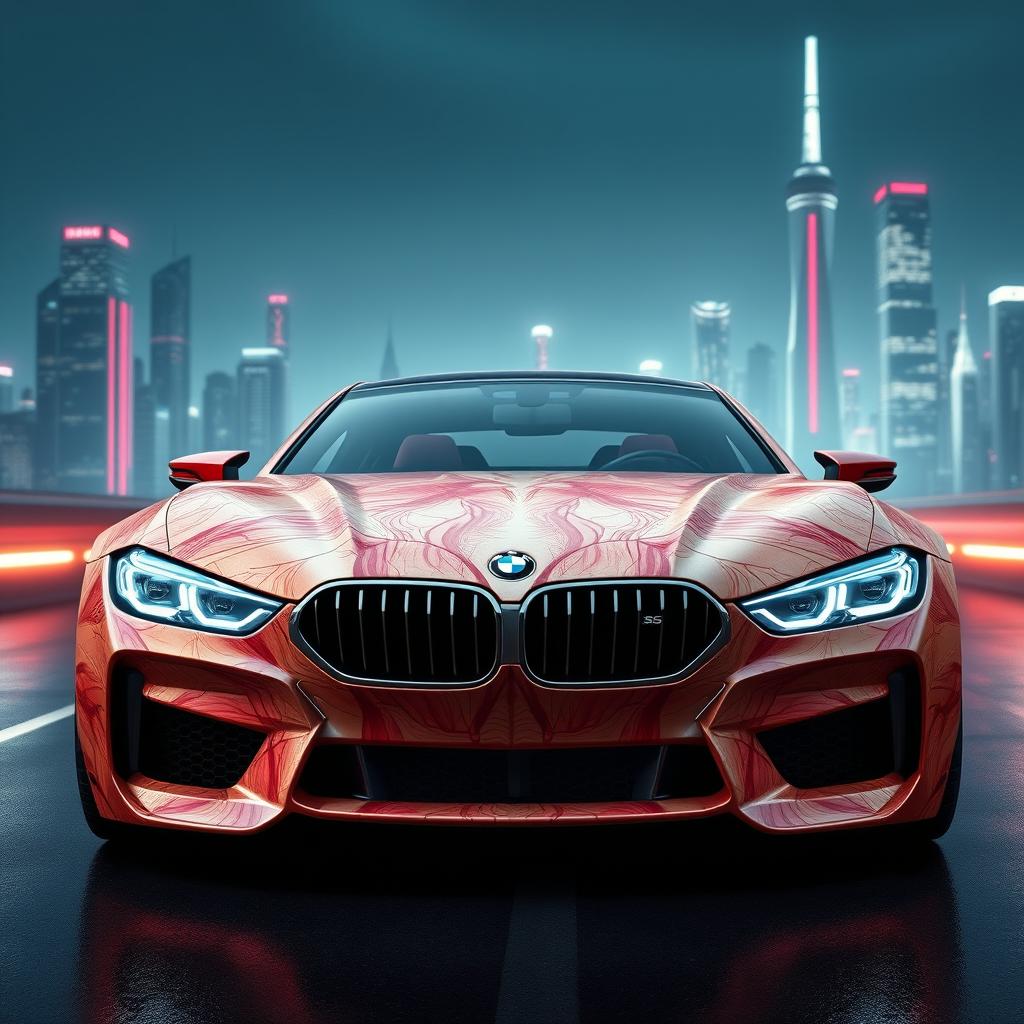 A futuristic BMW M635 CSL car designed for the year 2040, expertly crafted to appear as if it is made from organic materials resembling human flesh and bones