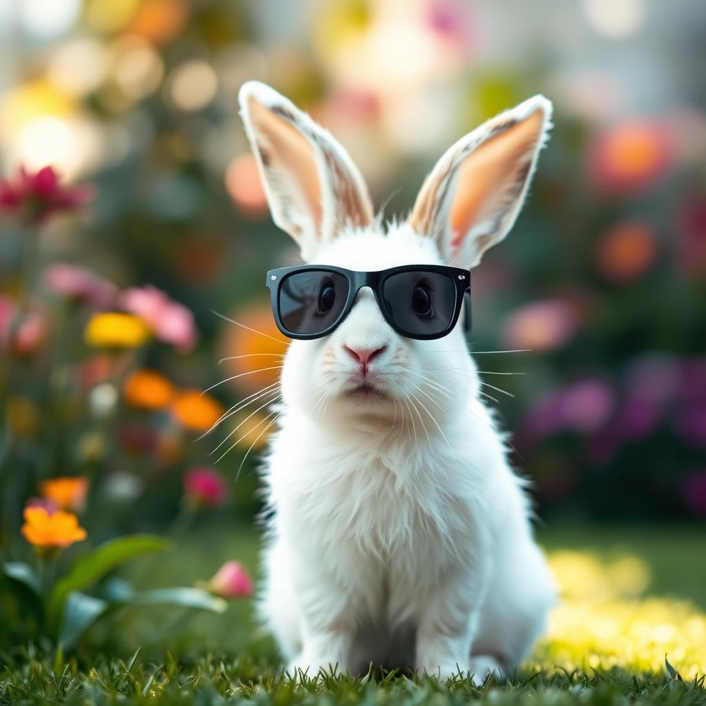 A rabbit wearing dark sunglasses, sitting upright and facing forward with a curious expression