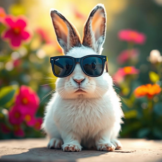 A rabbit wearing dark sunglasses, sitting upright and facing forward with a curious expression