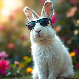 A rabbit wearing dark sunglasses, sitting upright and facing forward with a curious expression