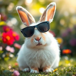 A rabbit wearing dark sunglasses, sitting upright and facing forward with a curious expression