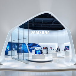 A modern, futuristic, and minimalistic Samsung Signature Store designed for an exhibition style