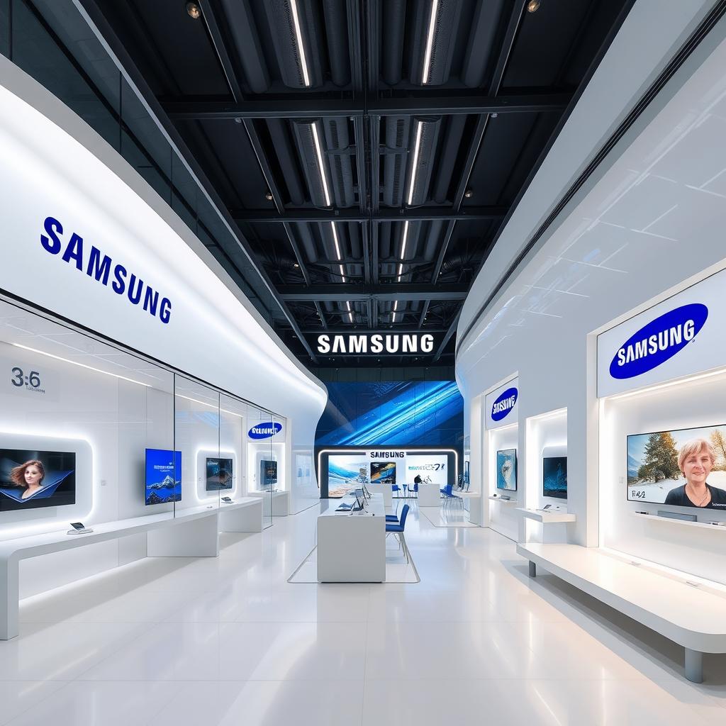 A modern, futuristic, and minimalistic Samsung Signature Store designed for an exhibition style