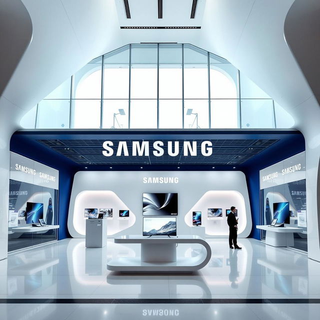 A modern, futuristic, and minimalistic Samsung Signature Store designed for an exhibition style