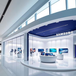 A modern, futuristic, and minimalistic Samsung Signature Store designed for an exhibition style