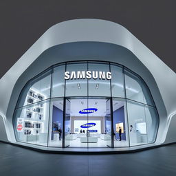 A modern and futuristic Samsung Signature store designed in a minimalistic style, featuring an innovative exhibition layout