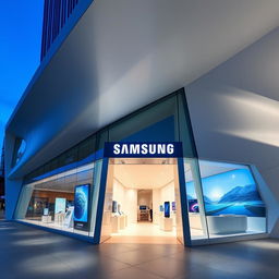 A modern and futuristic Samsung Signature store designed in a minimalistic style, featuring an innovative exhibition layout