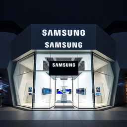 A modern and futuristic Samsung Signature store designed in a minimalistic style, featuring an innovative exhibition layout