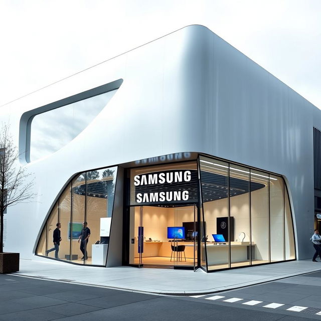 A modern and futuristic Samsung Signature store designed in a minimalistic style, featuring an innovative exhibition layout