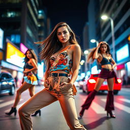 Dynamic fashion shoot featuring a stylish model posing confidently in various unique and expressive poses, showcasing a vibrant urban backdrop, with dramatic lighting and selective focus highlighting the model's outfit