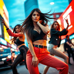 Dynamic fashion shoot featuring a stylish model posing confidently in various unique and expressive poses, showcasing a vibrant urban backdrop, with dramatic lighting and selective focus highlighting the model's outfit