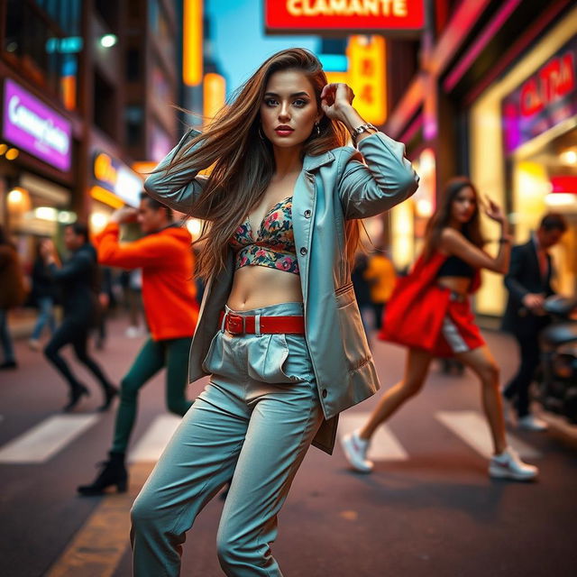 Dynamic fashion shoot featuring a stylish model posing confidently in various unique and expressive poses, showcasing a vibrant urban backdrop, with dramatic lighting and selective focus highlighting the model's outfit