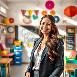 A cheerful and bright morning scene with a beautiful teacher named Pegah