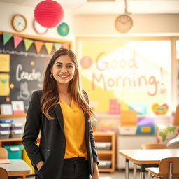 A cheerful and bright morning scene with a beautiful teacher named Pegah