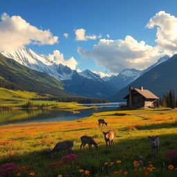 A majestic mountain landscape featuring snow-capped peaks, lush green valleys filled with vibrant wildflowers, and a serene lake reflecting the mountains