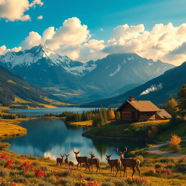 A majestic mountain landscape featuring snow-capped peaks, lush green valleys filled with vibrant wildflowers, and a serene lake reflecting the mountains