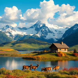 A majestic mountain landscape featuring snow-capped peaks, lush green valleys filled with vibrant wildflowers, and a serene lake reflecting the mountains