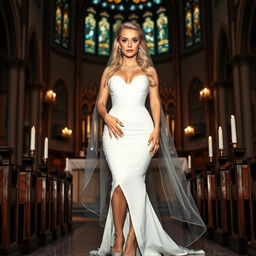 A full-length photograph of a beautiful 18-year-old woman with blond hair, showcasing a sexy yet sweet and innocent appearance