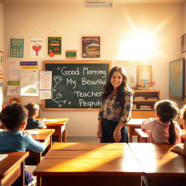 A heartwarming scene depicting a classroom on a bright morning