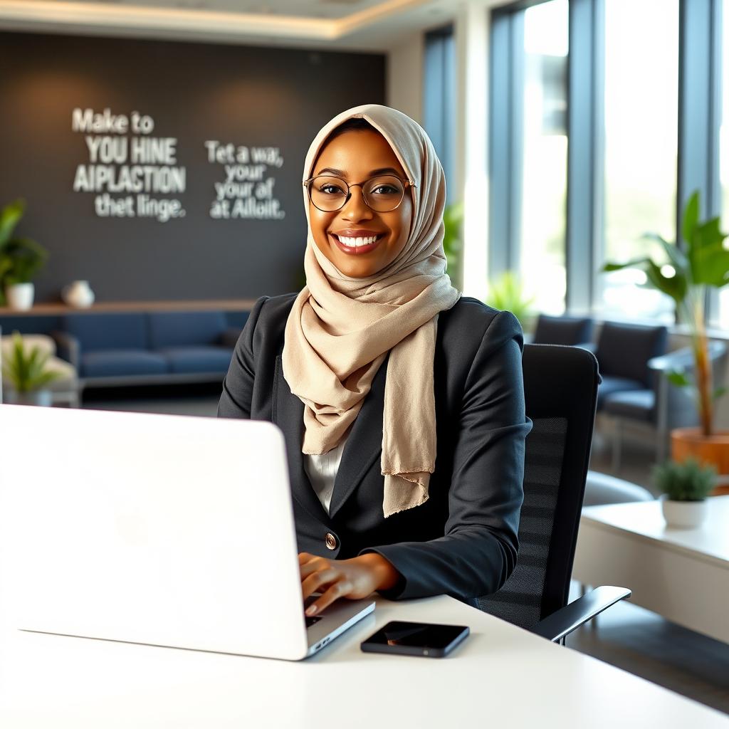 A successful Muslim woman portrayed in a modern office environment, wearing a stylish hijab, confidently seated at her desk with a laptop open in front of her